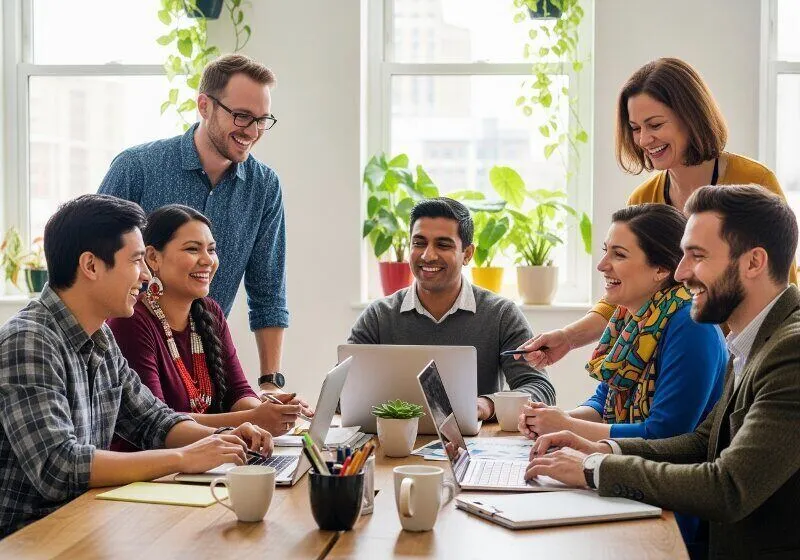 Business professionals working in a healthy company culture